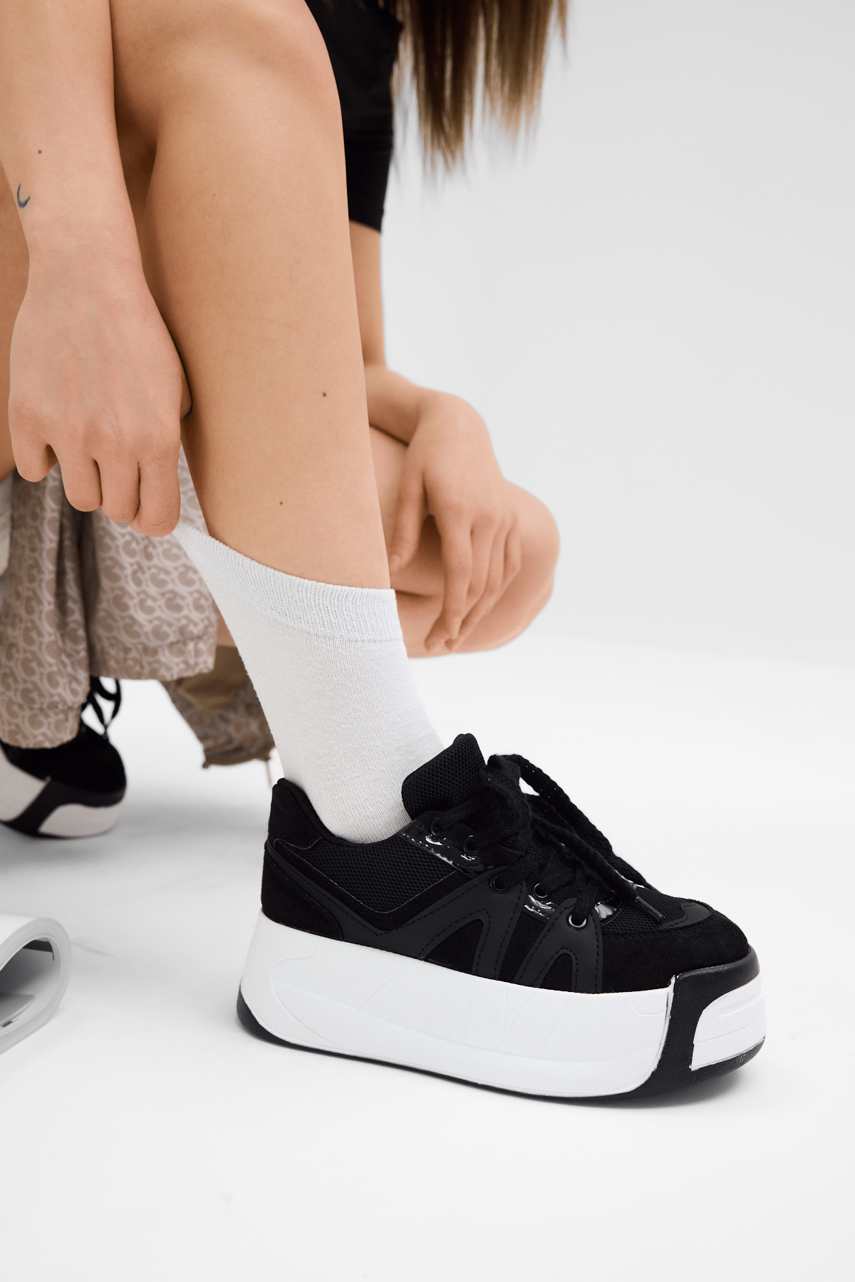 ⭐︎ Boogie⭐︎ Yüksek Taban Rahat Bağcıklı Sneaker Kadın Siyah Sneaker TBKLC020