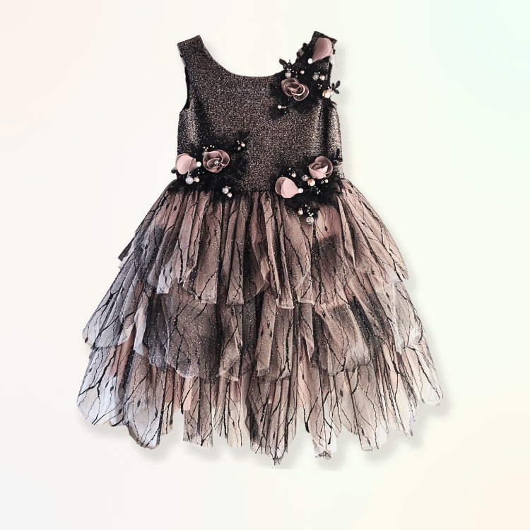 Siyah Simli Tül Şifon Kabarık Çiçekli Kız Çocuk Abiye Elbise