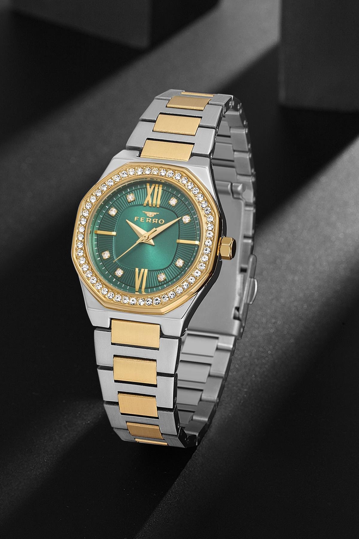 Ferro Kadın Gümüş-Sarı Renk İçi Yeşil Taşlı Kol Saati + Orjinal Garantili  Bileklik Hediyeli | ÇAKIR E-TİCARET