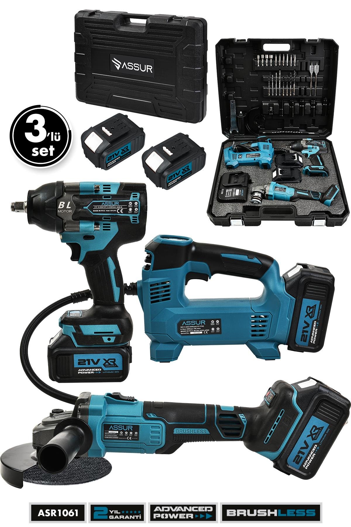 Assur 21V Çift Akü 800 Nm Somun Sıkma Sökme 125 Mm Taşlama Hava