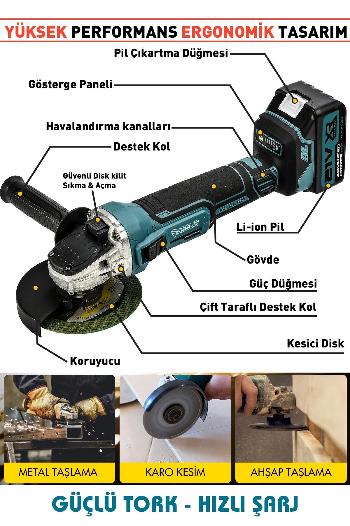 ASSUR 21V Kömürsüz Avuç Taşlama Makinesi