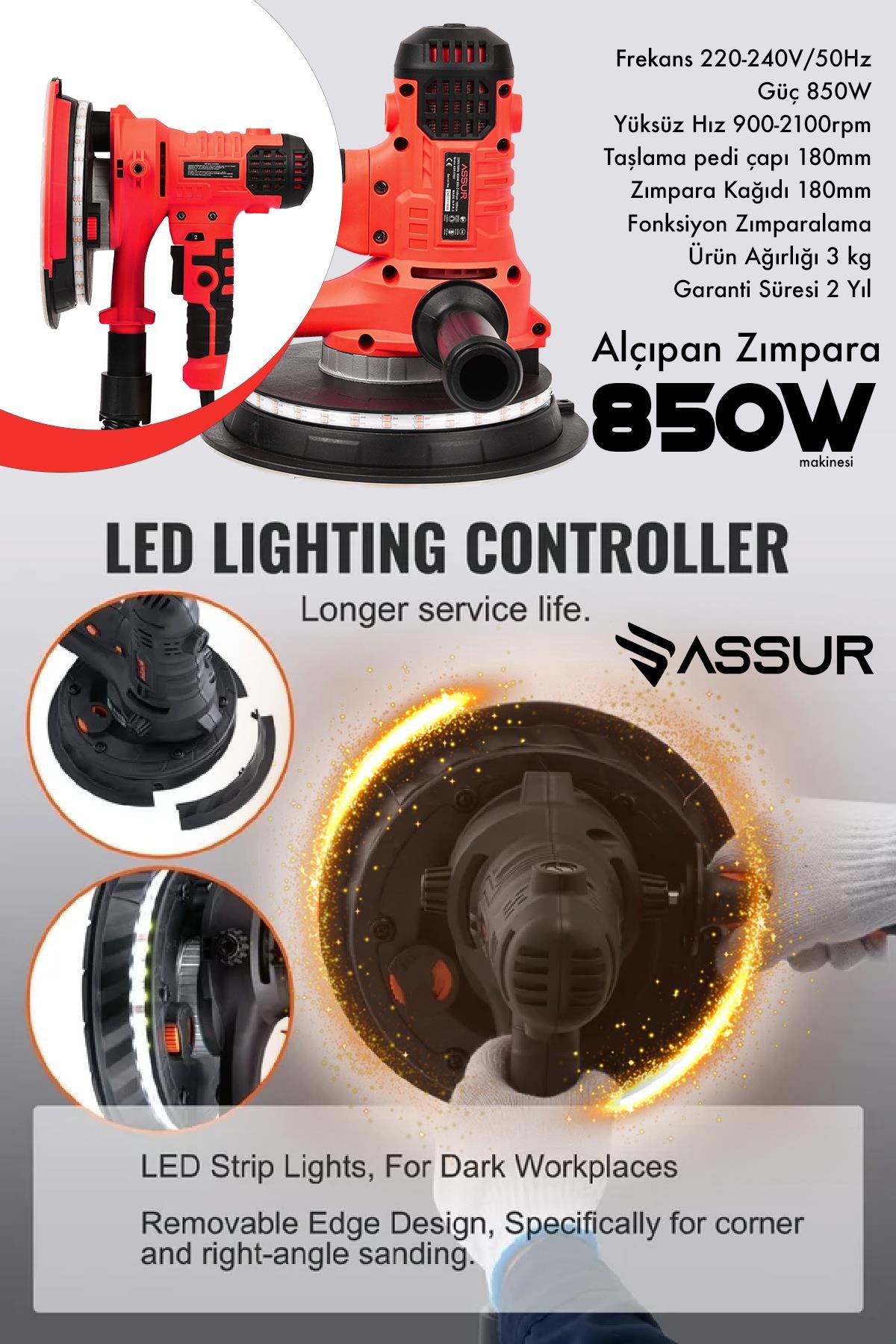 ASSUR 360'Ledli 850W Pro Alçıpan Zımpara Makinası Toz Emmeli
