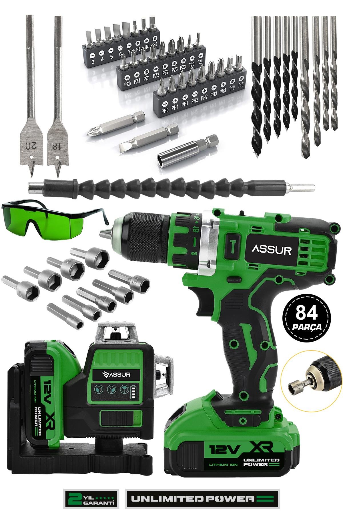 Assur Profesyonel 12V Çift Akülü Vidalama 84 Parça & 12 Köşe 360