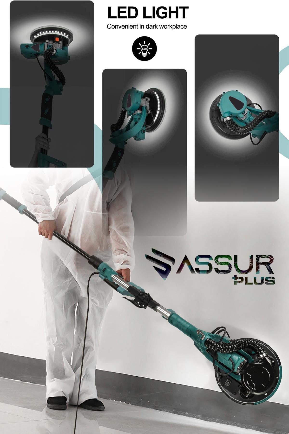 Assur Plus 850W Alçıpan Duvar Zımpara Makinası 360° Ledli Toz Emmeli