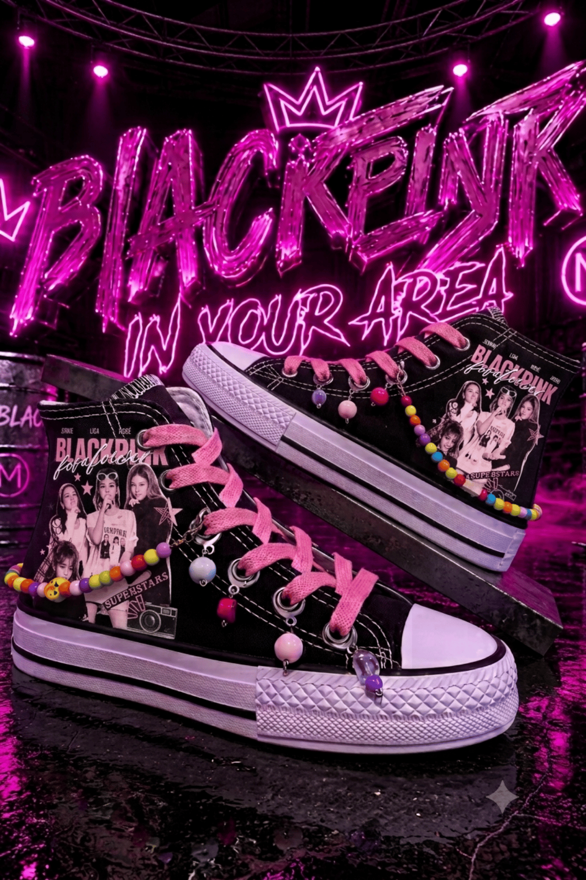 Blackpink Poster Baskılı Siyah Boncuk ve Halhallı Bilekli Spor