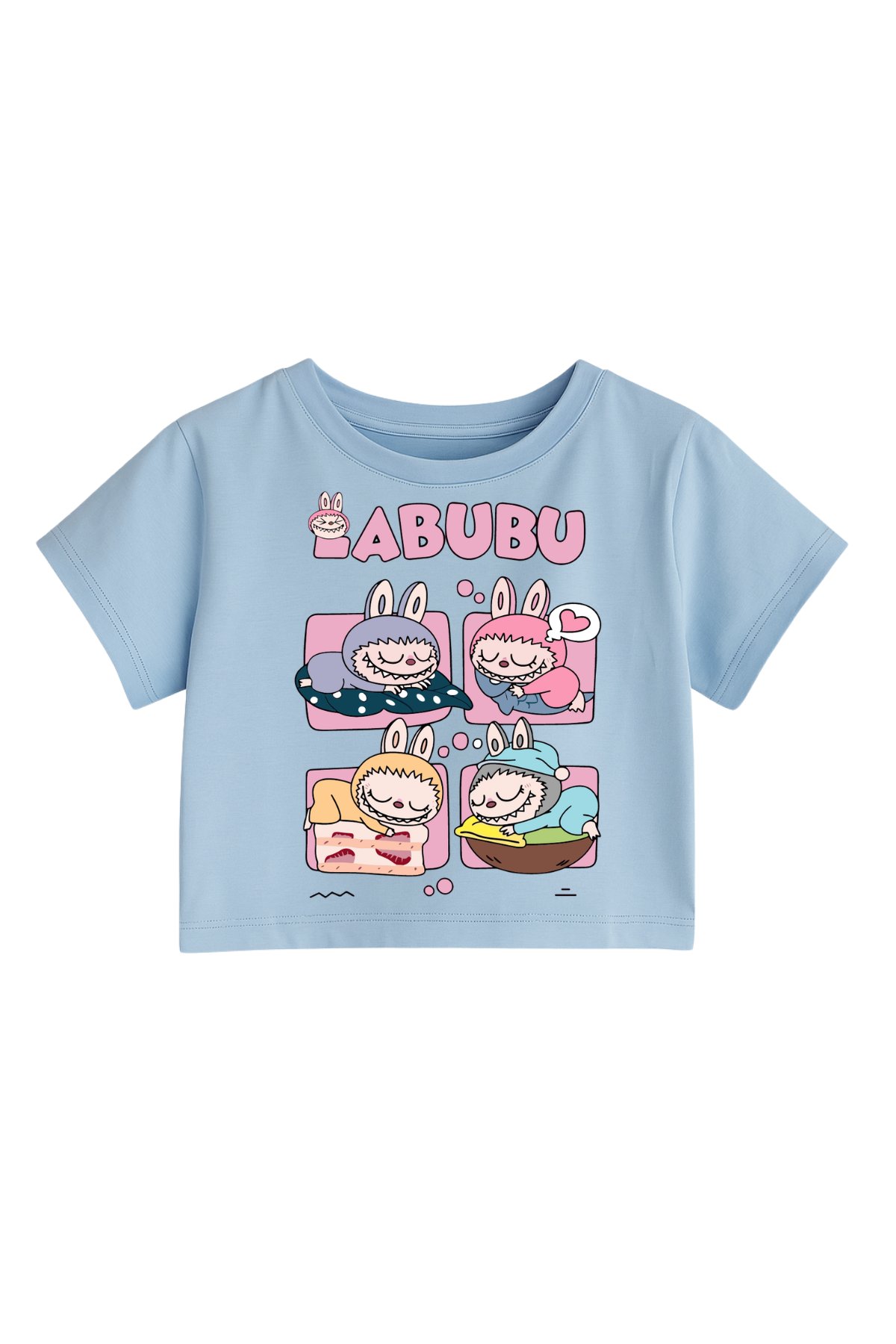 Labubu 4lü Baskılı Mavi Crop Dar Kalıp Crop Top