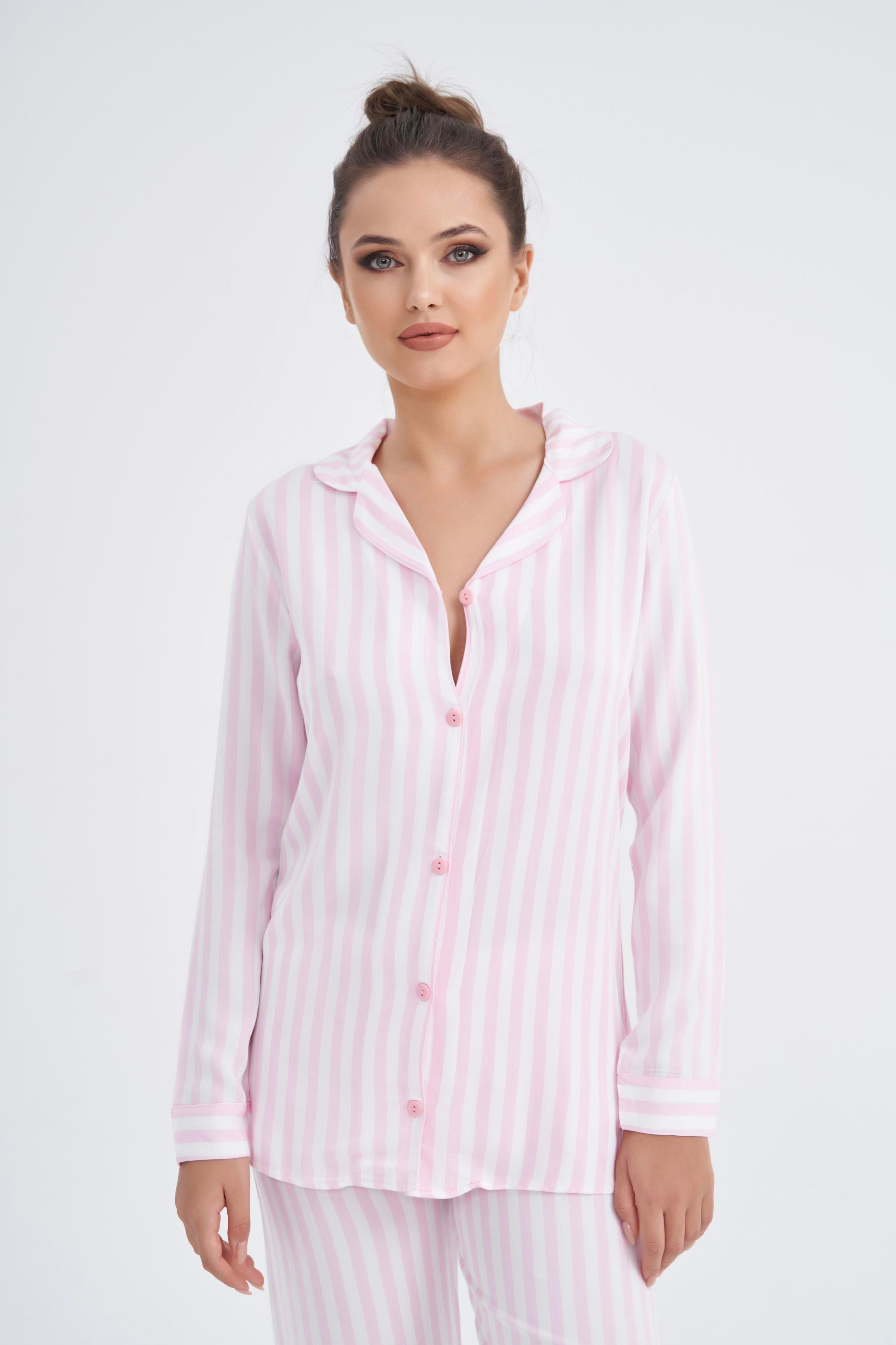 Pembe Pamuklu Dik Çizgili Pijama Takım | Modacasa Lingerie