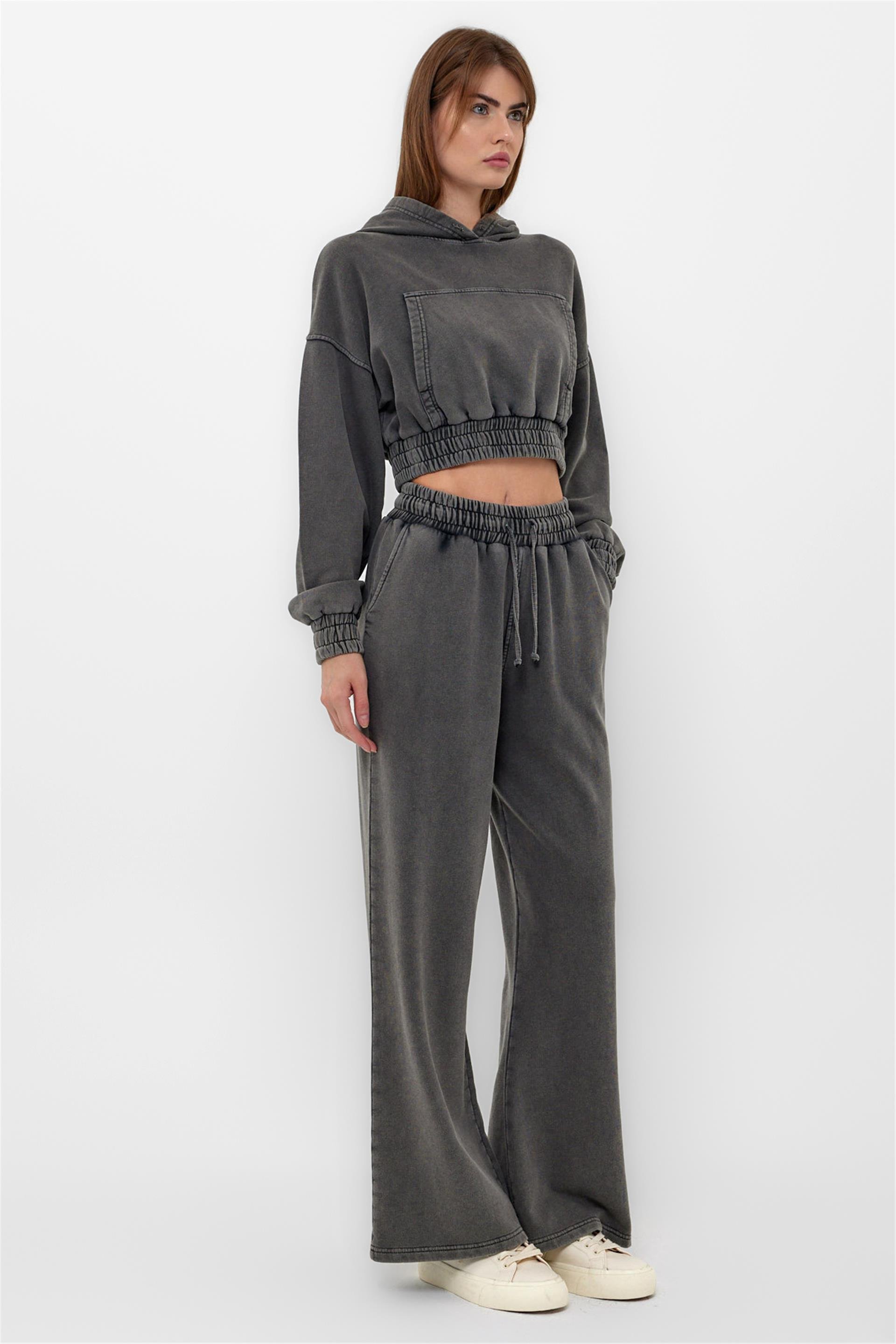 Acid Washed Crop Hoodie With Palazzo Jogger Pants Wholesale Modern