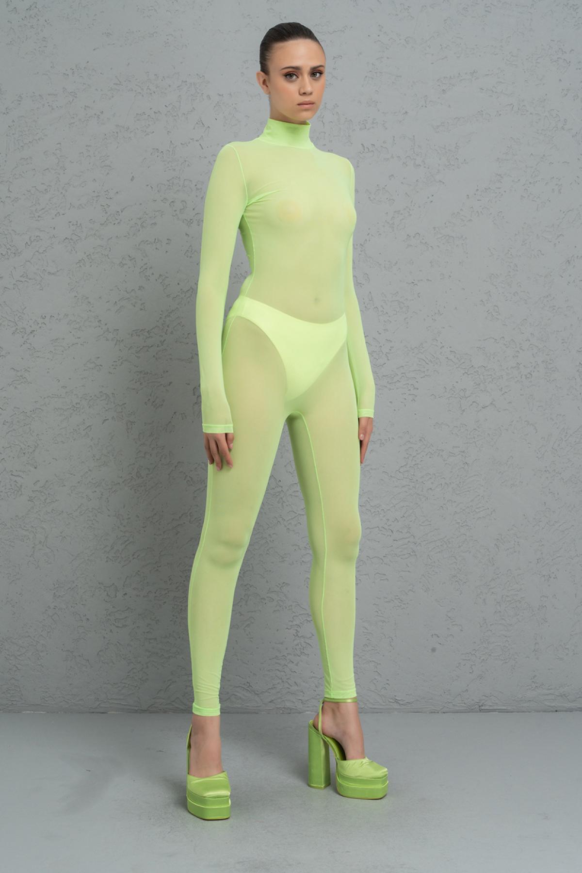 BRIEFING × mocT WOMENS NEON MOCK NECK Women wholesale sheer neon green mock neck catsuit | Wholesale