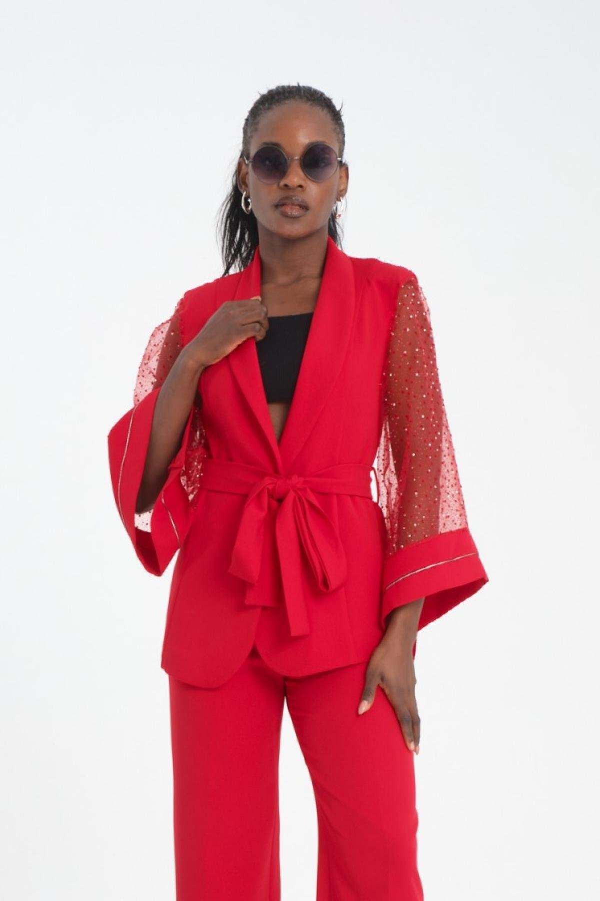 Wholesale Women Red Blazers with Sash and Chiffon Sleeves