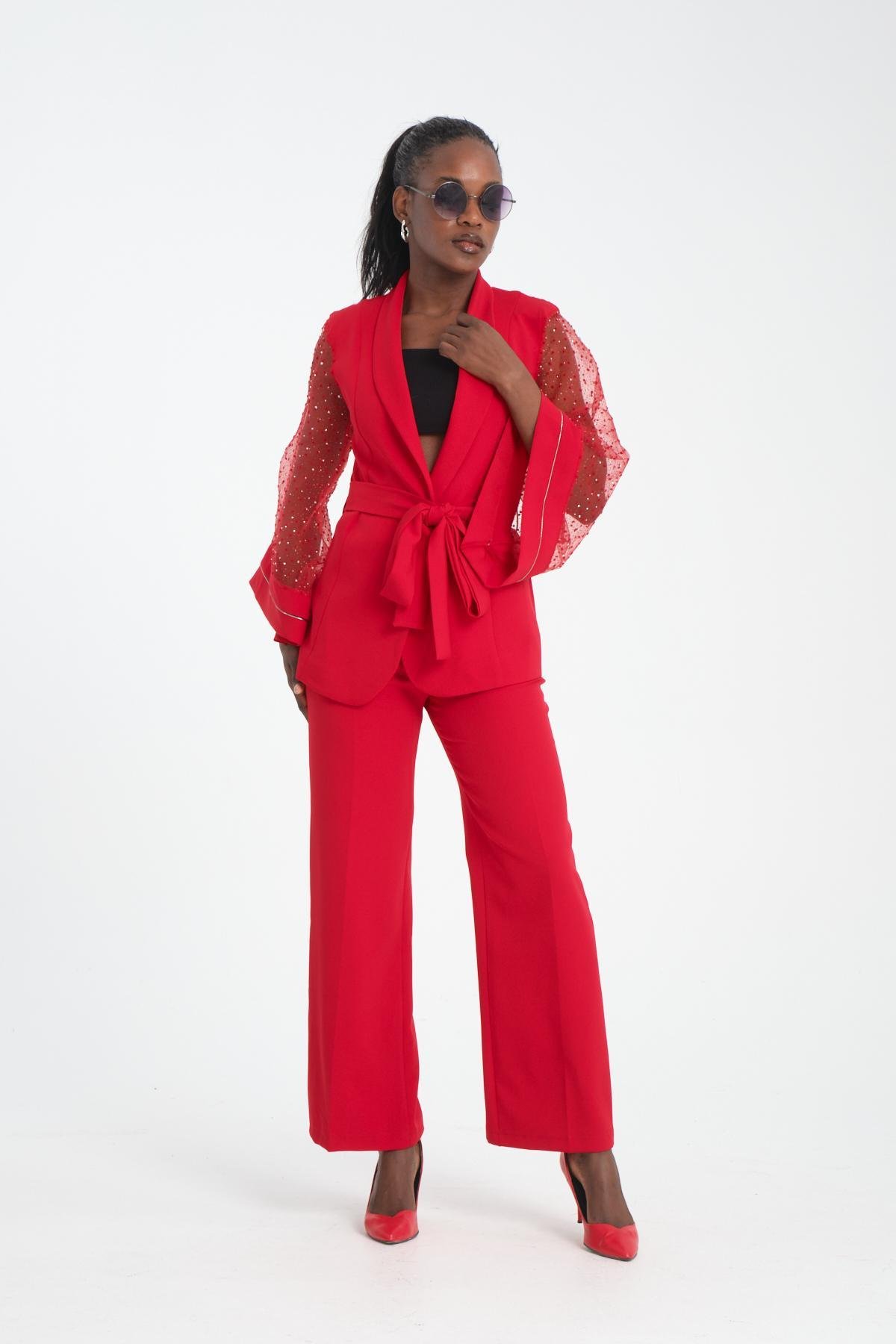 Wholesale Women Red Blazers with Sash and Chiffon Sleeves