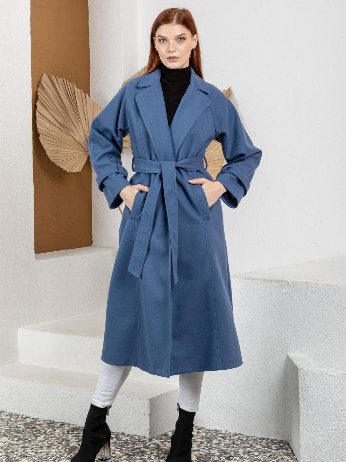 Women below the knee length coat with belt wholesale Glaucous color Wholesale Overcoat