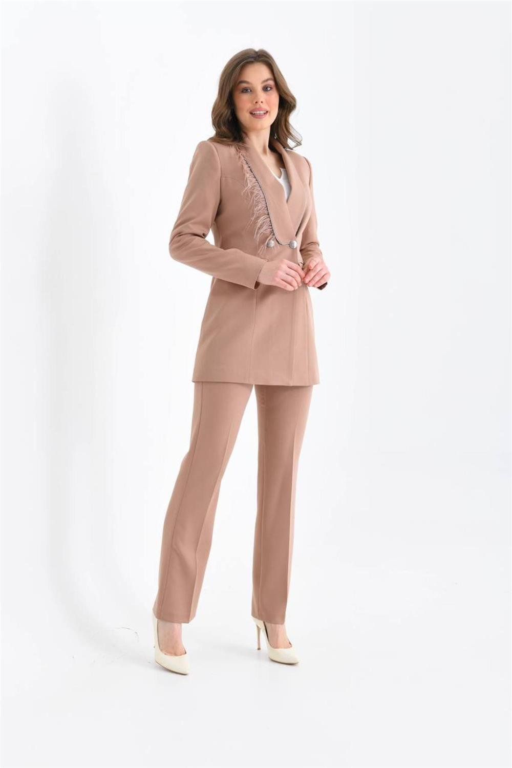 スーツ 80s Camel beige over size double set up Women's Oversized Tan Blazer and Wide-leg Pants Set, Stylish