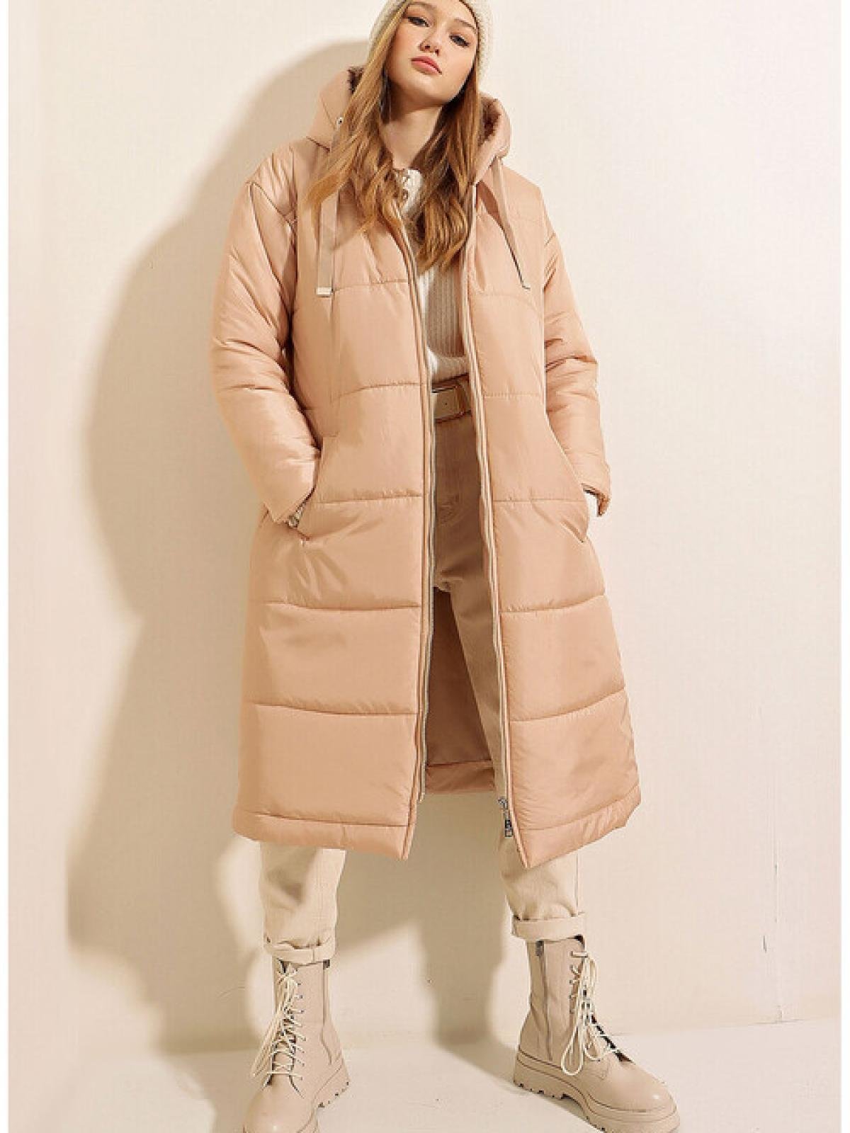 Women hooded knee length puffer jacket wholesale Beige color Wholesale Coat