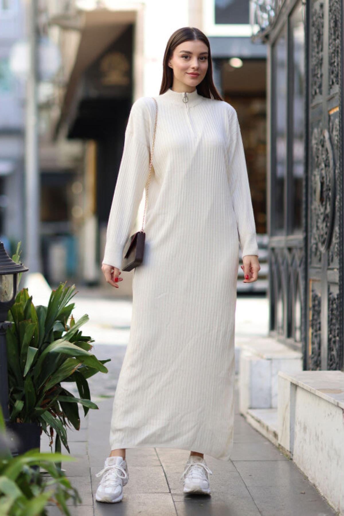 Women knitted maxi dress ribbed wholesale Cream color Wholesale Maxi
