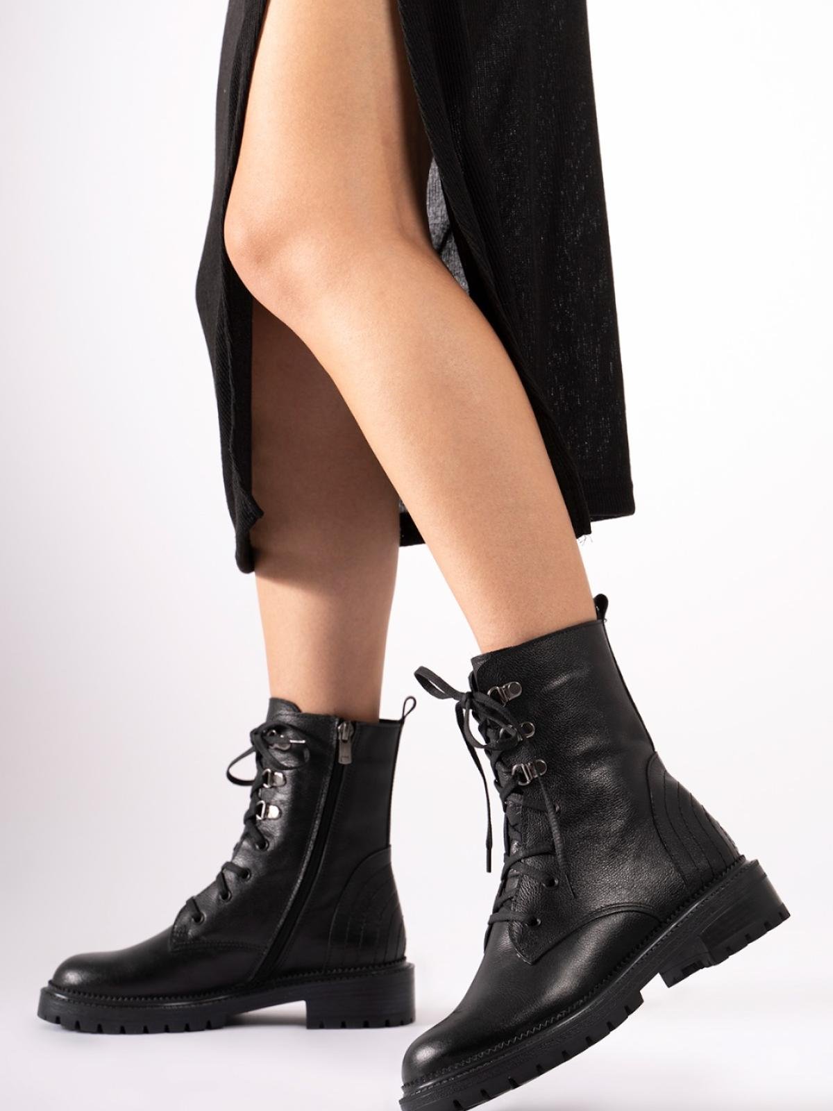Women leather ankle boots with fur lined wholesale Black