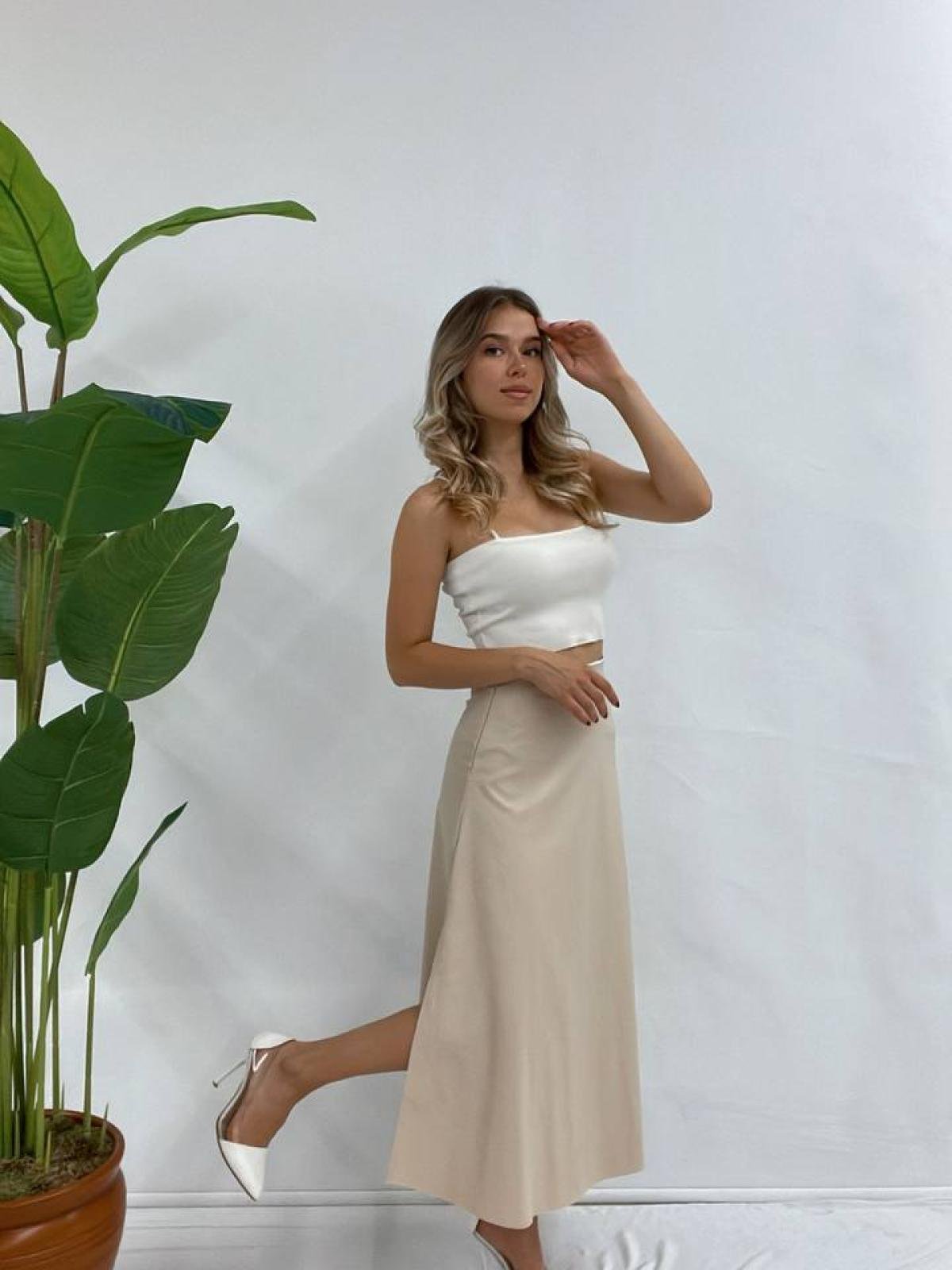 Women leather midi skirt wholesale Cream color Wholesale Midi
