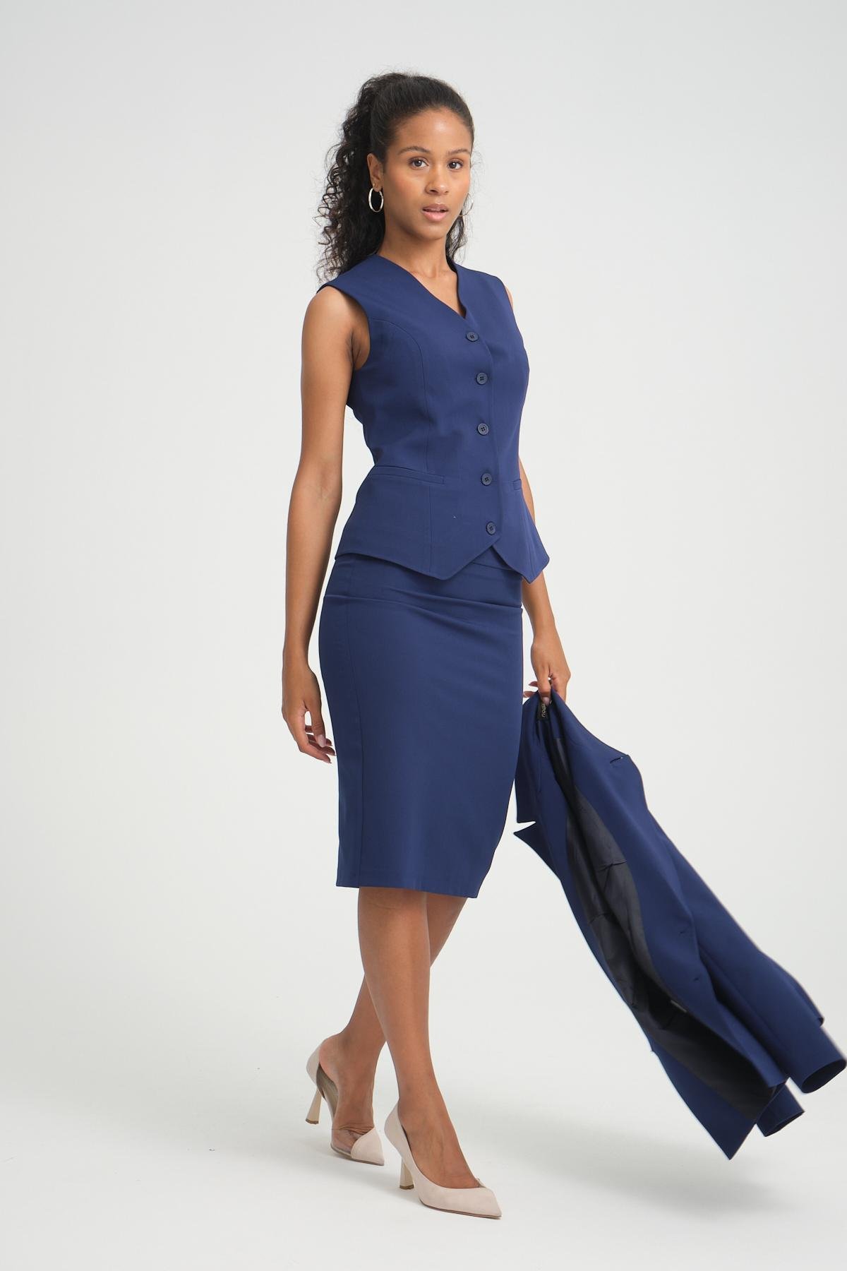 Women three piece skirt suit Plus size wholesale Navy color Wholesale Skirt Set