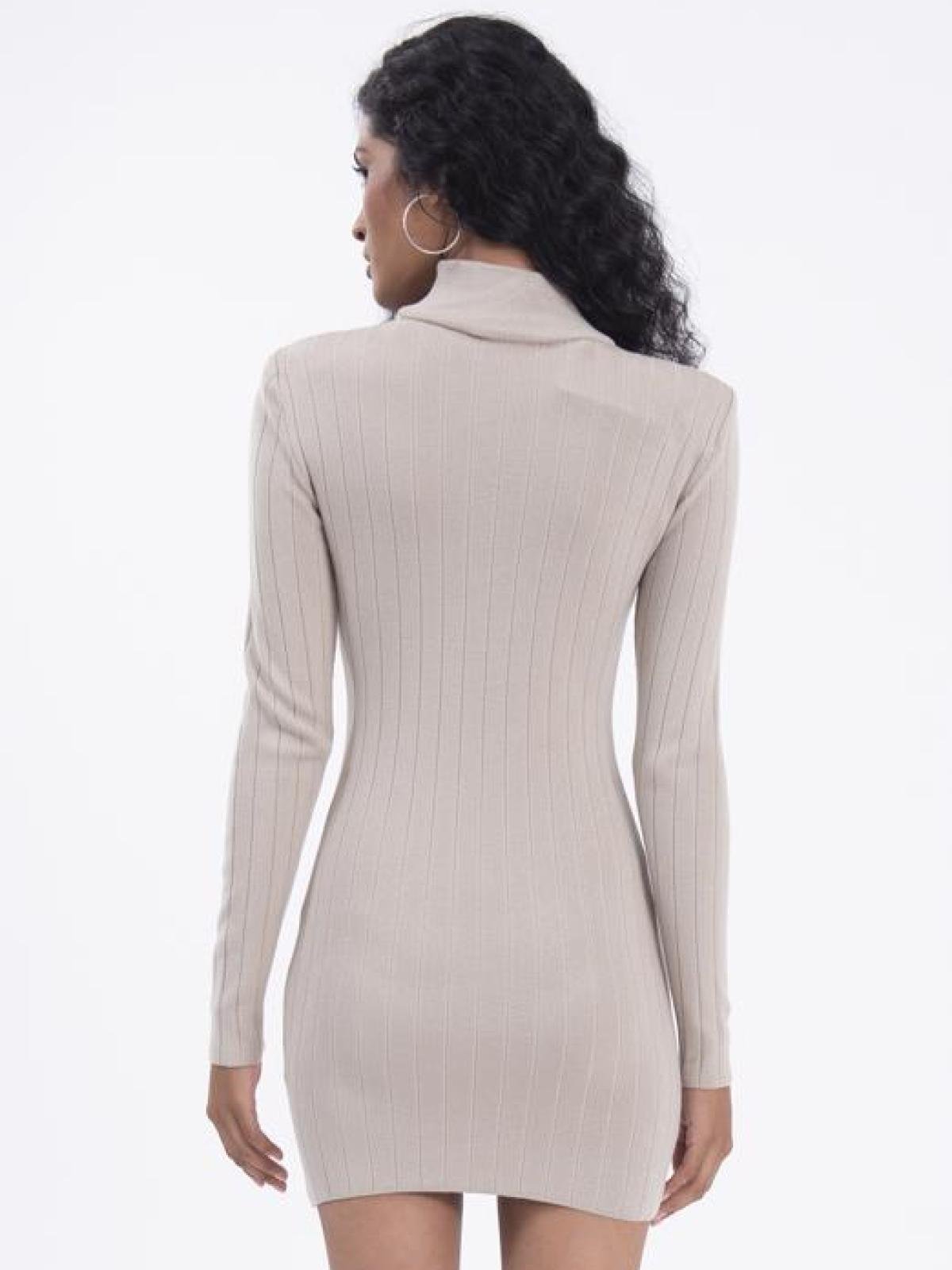 Women turtleneck tricot mini dress wholesale Stone color