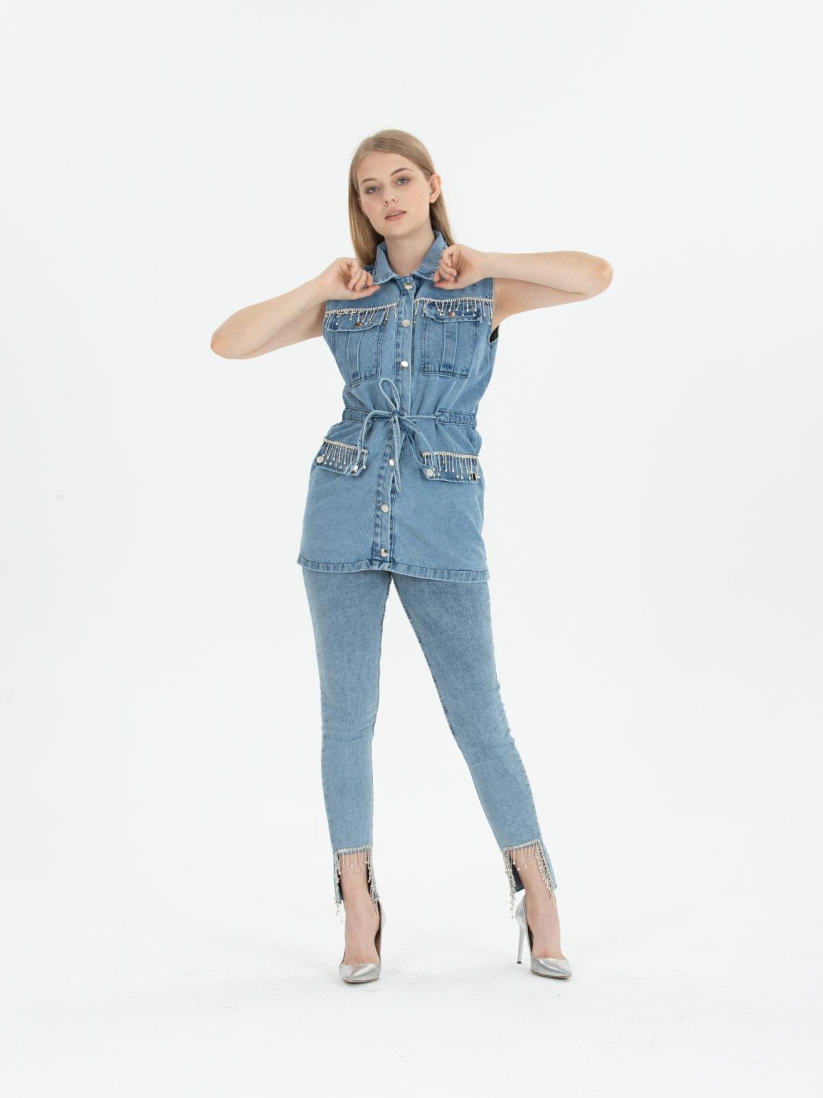 Blue jean two piece outfit deals
