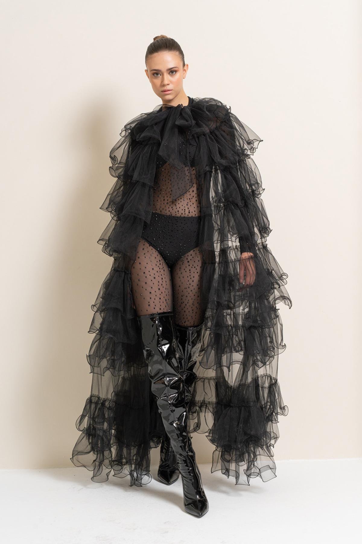 ワンピース BLACK TULLE WAVE TIERED DRESS BLACK TULLE WAVE TIERED DRESS