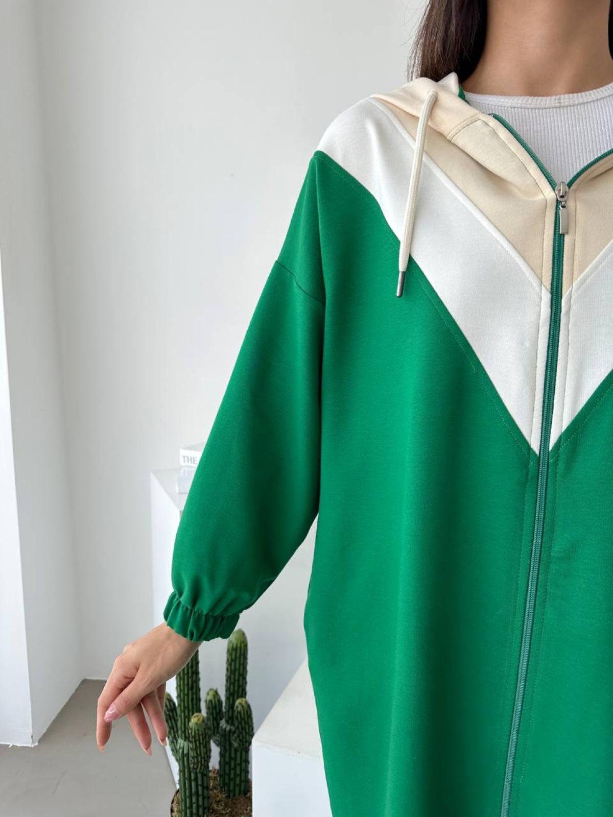 Women zipper knee length hoodie wholasale Green color Wholesale Sweatshirt