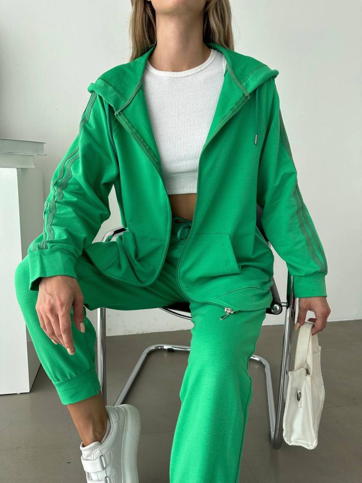 Women zipper hoodie and pants set wholesale Green color Toptan Giyim