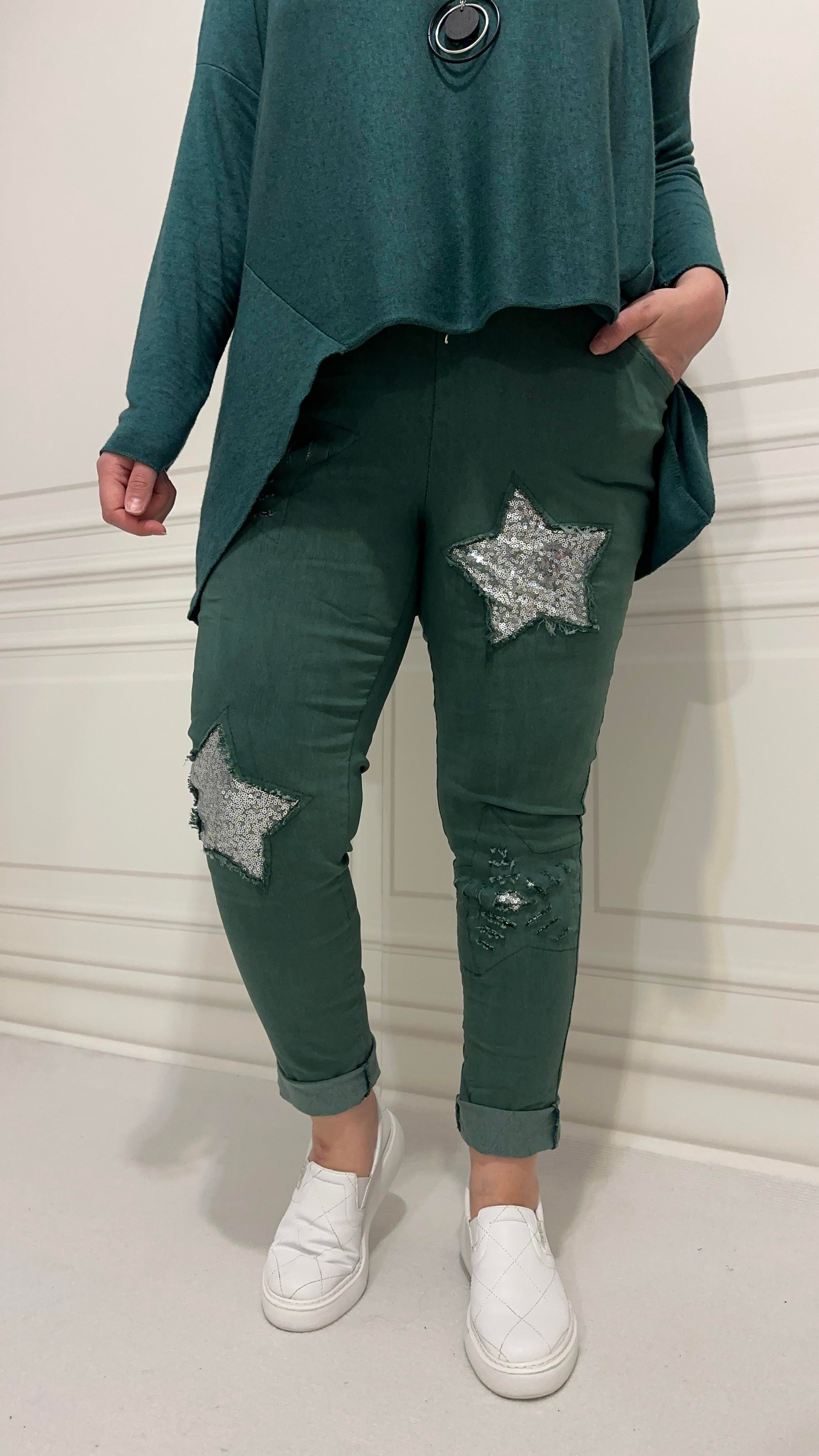 Yıldız İşlemeli İthal Sihirli Pantolon-Yeşil