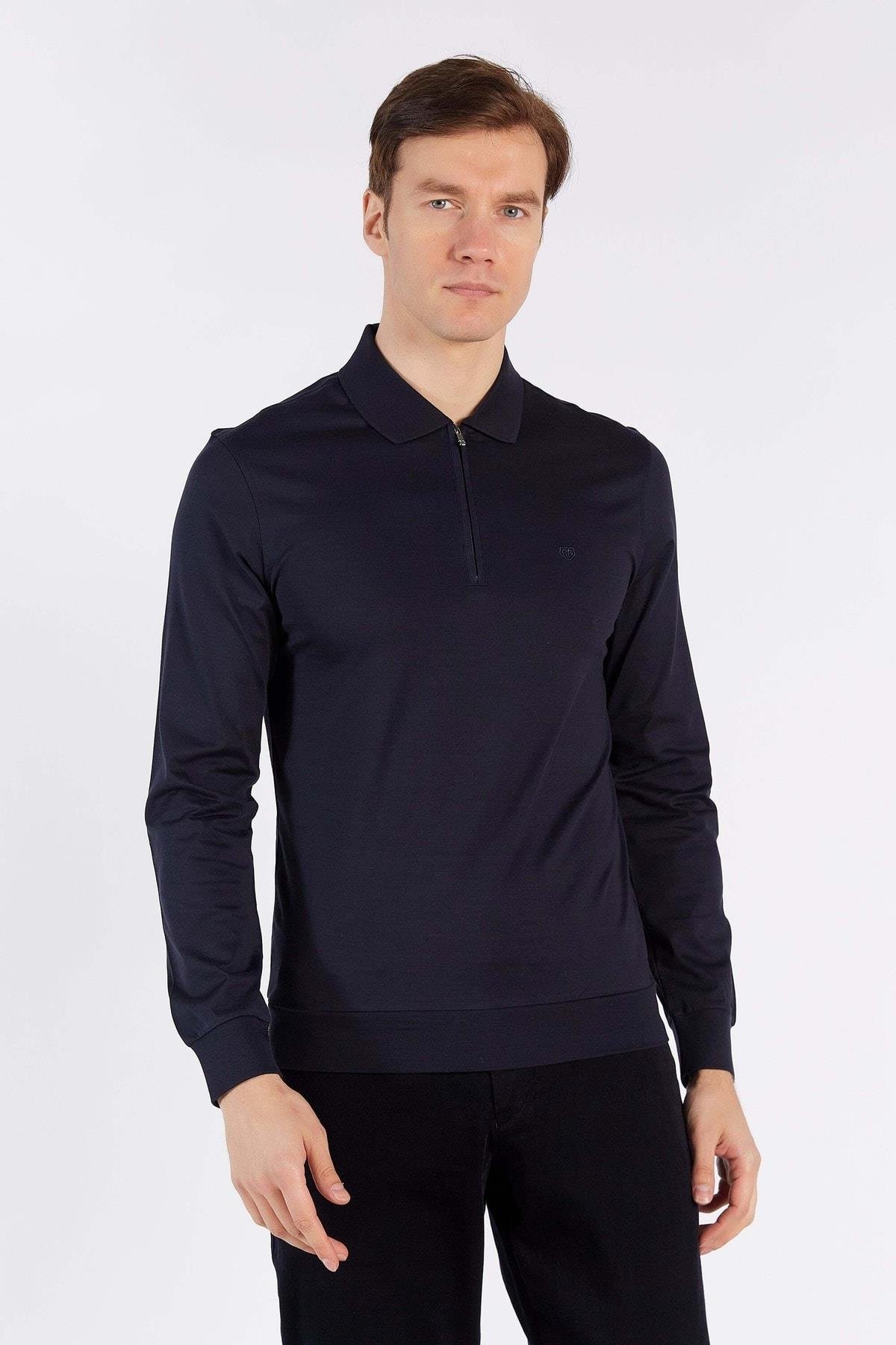 Erkek Lacivert Uzun Kol Polo Yaka %100 Pamuk T-shirt