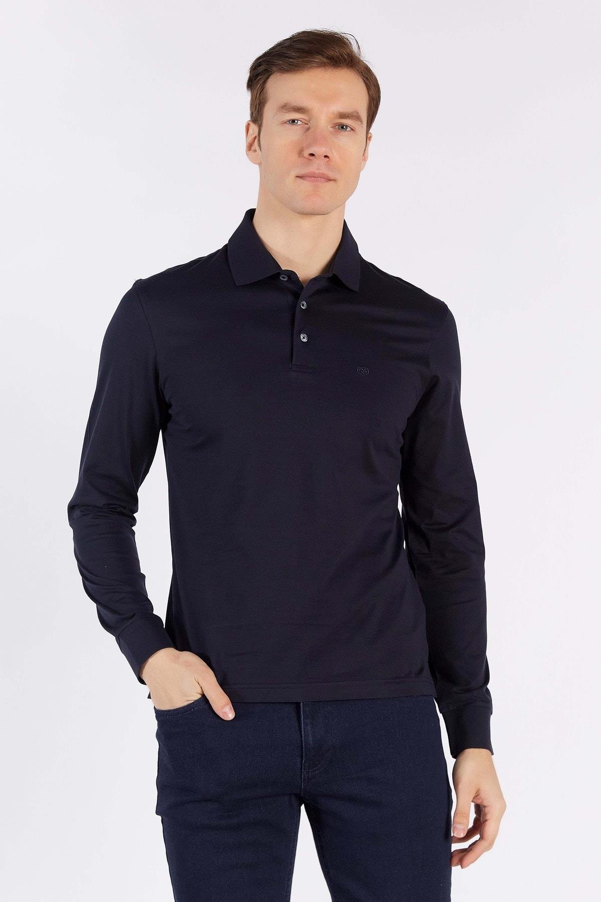 Erkek Lacivert Uzun Kol Polo Yaka %100 Pamuk T-shirt