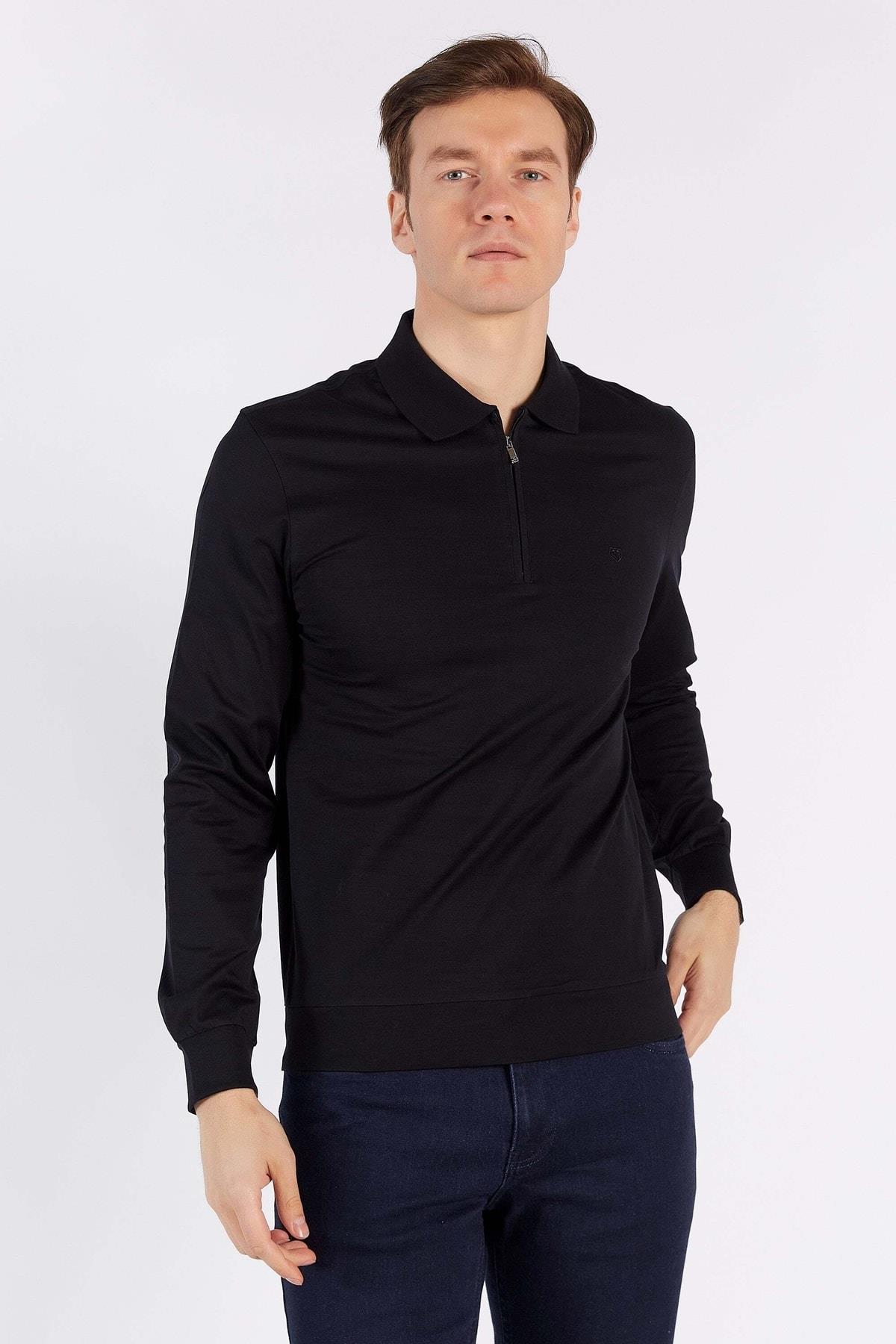 Erkek Siyah Uzun Kol Polo Yaka %100 Pamuk T-shirt