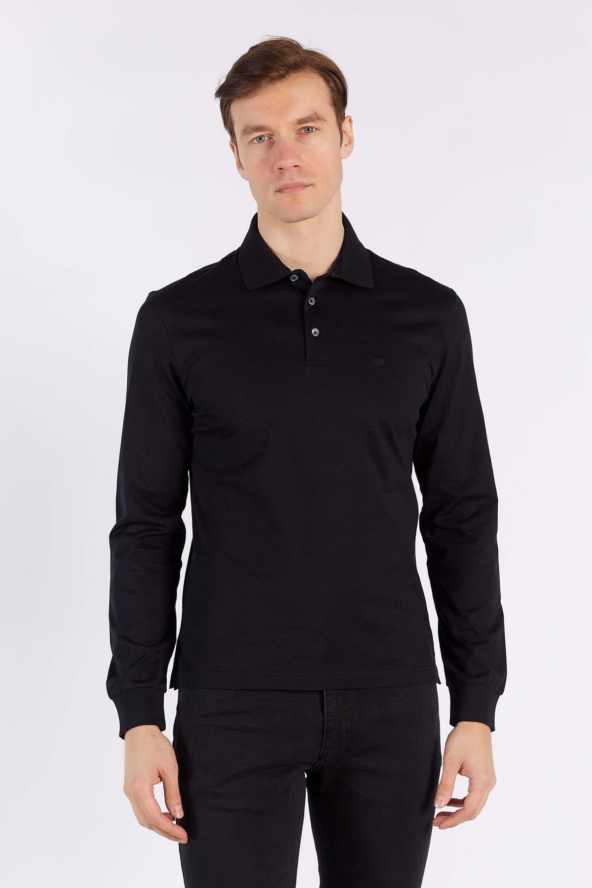 Erkek Siyah Uzun Kol Polo Yaka %100 Pamuk T-shirt
