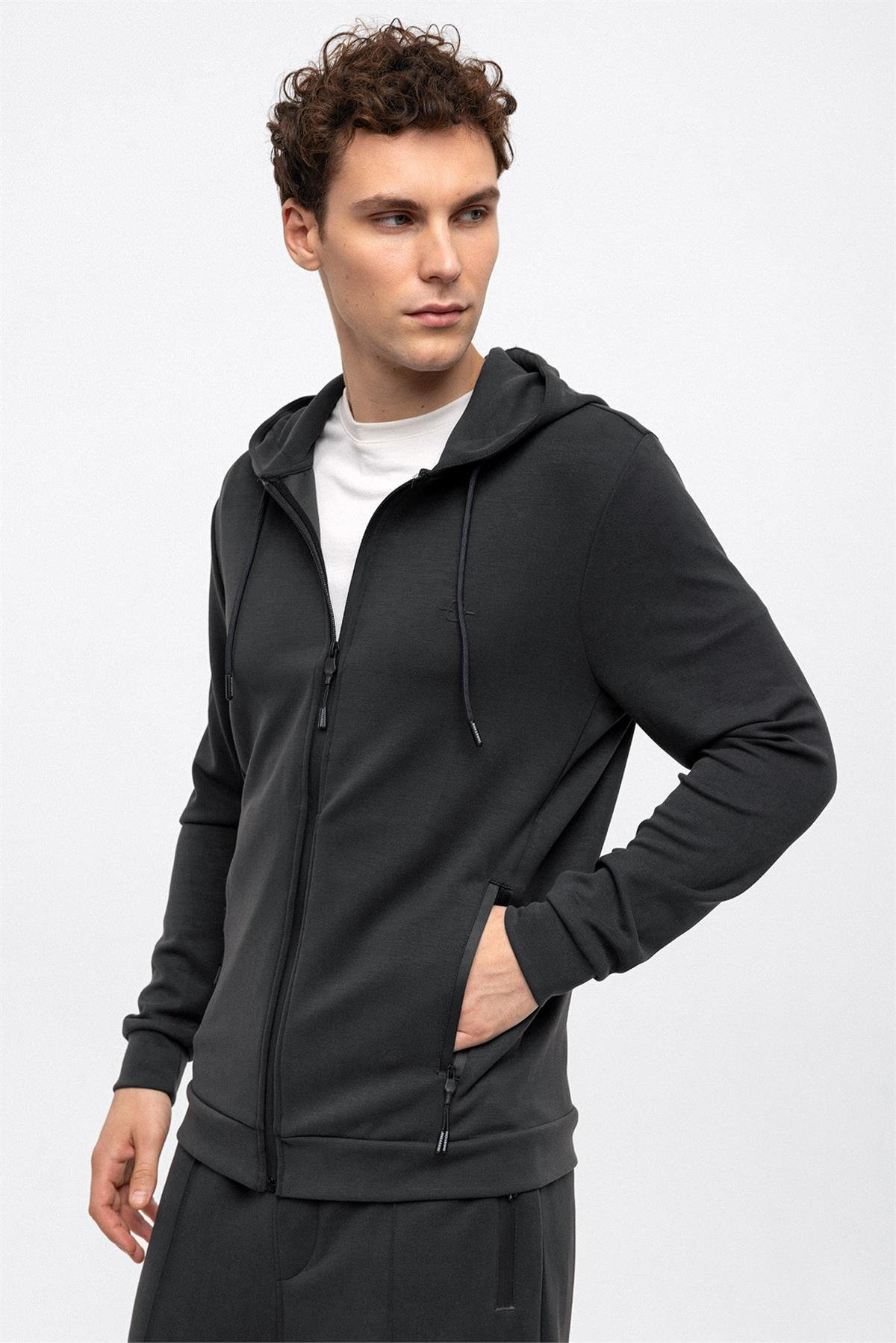 Antrasit Regular Fit Kapüşonlu Fermuarlı Sweatshirt