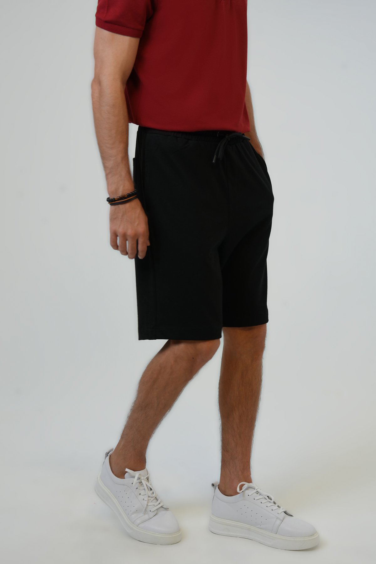 Siyah Relaxed Fit Yan Cepli %100 Pamuk Beli Bağlamalı Şort