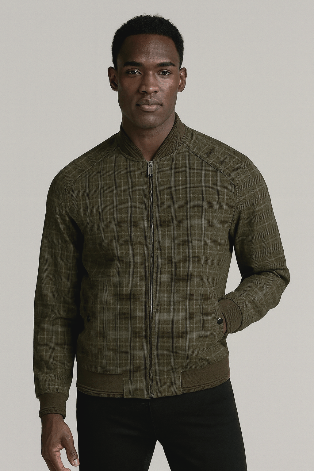 Erkek Haki Bomber Ceket Keten Karışım Slim Fit Ekose Kare Desenli