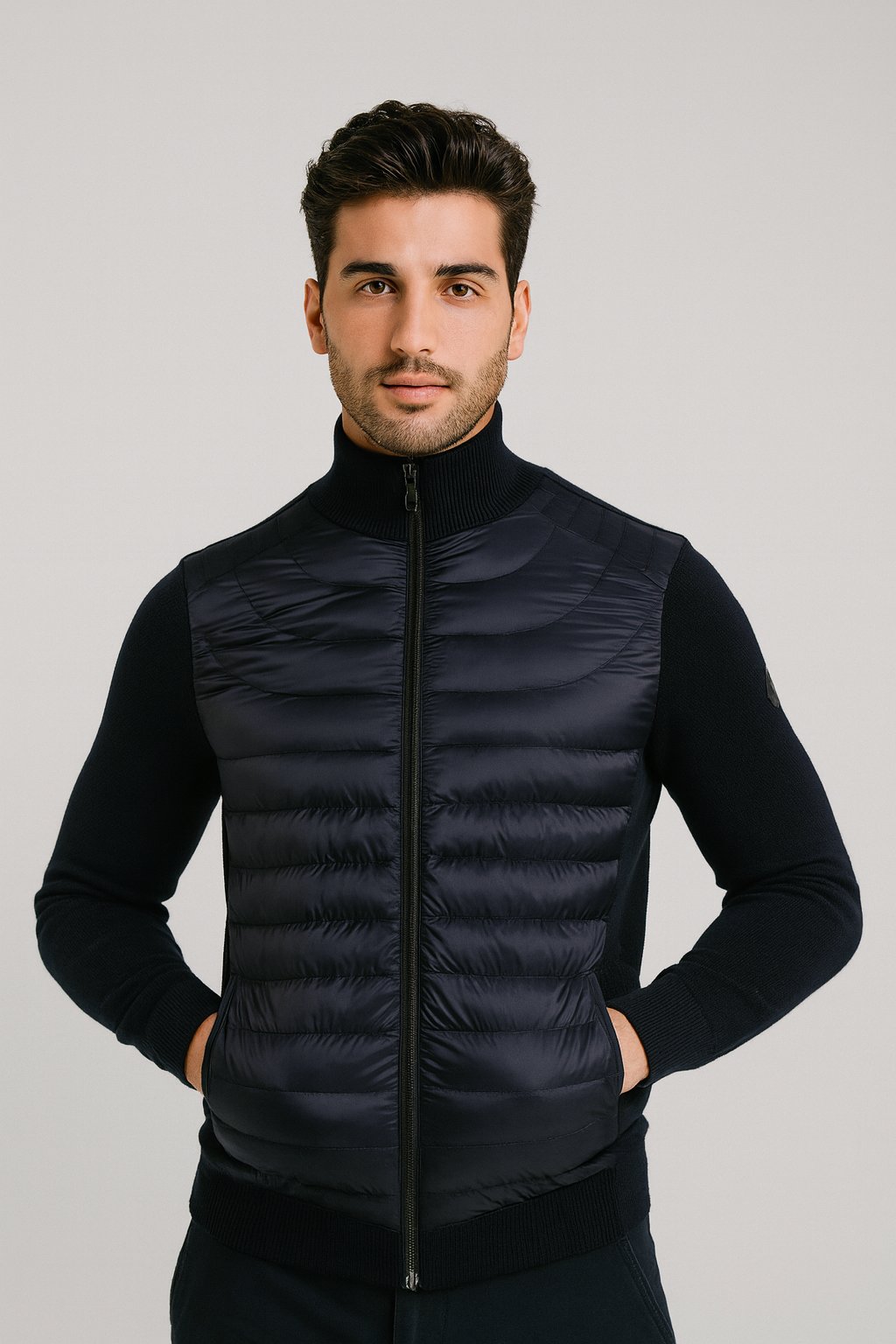 Erkek Lacivert Zırh Örme Hırka Fermuarlı Dik Yaka Slim Fit İnce
