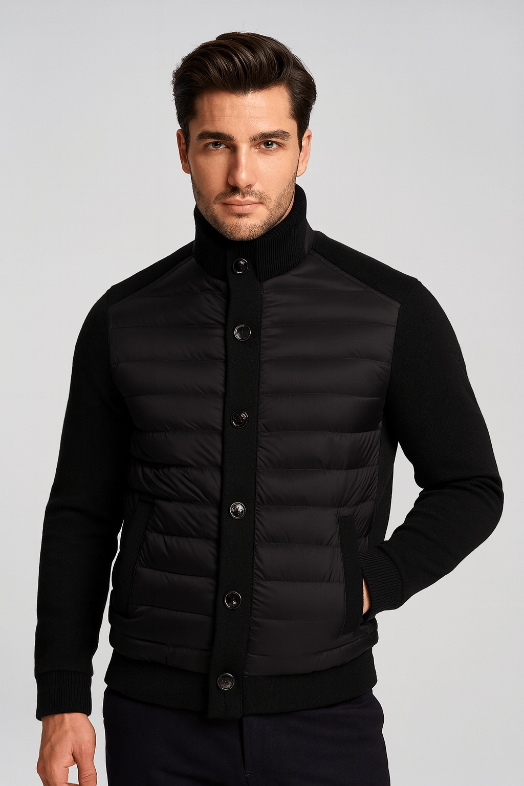Erkek Zırh Örme Siyah Hırka Düğmeli Dik Yaka Slim Fit İnce Astarlı