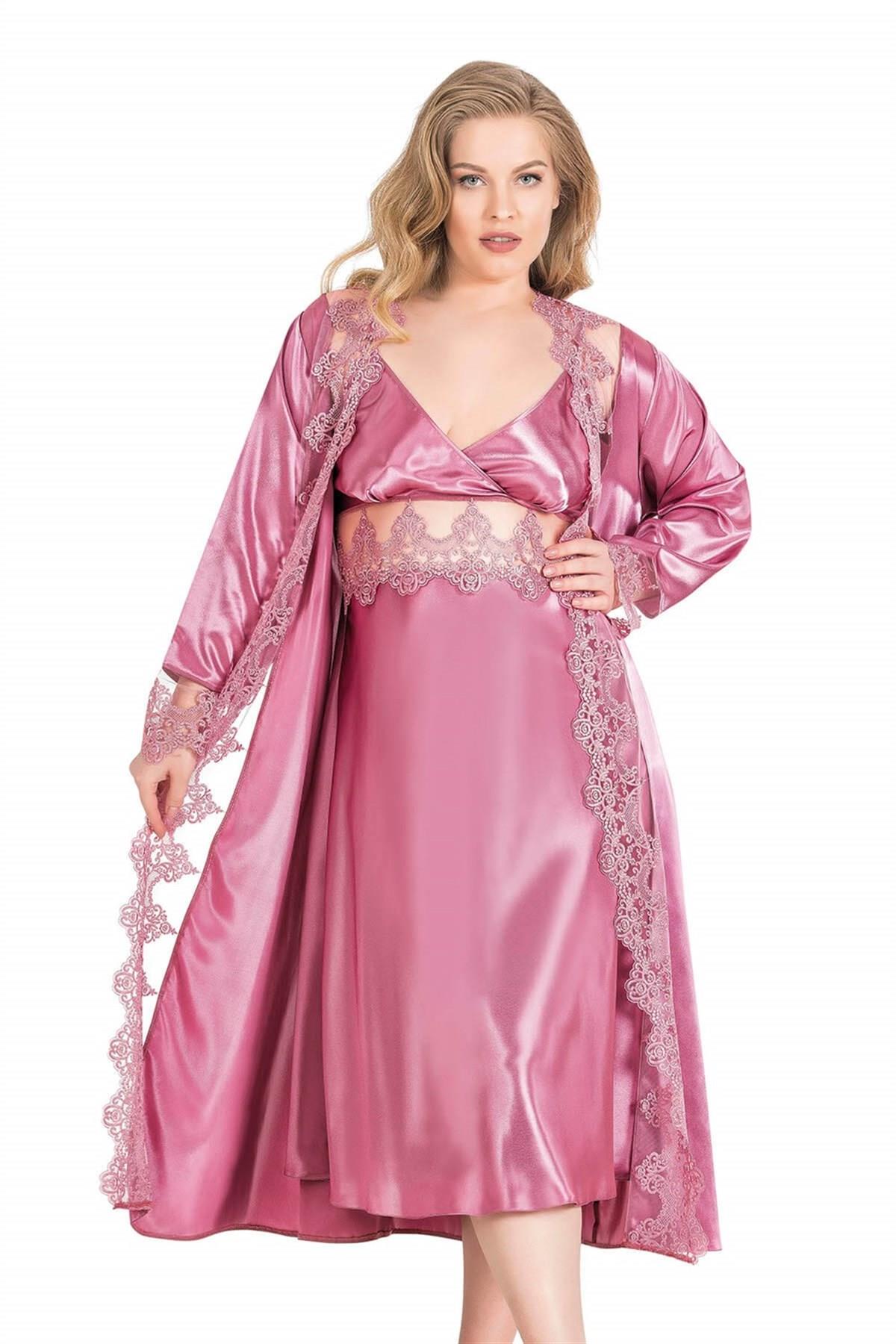 Aria's Closet Büyük Beden Gül Kurusu Uzun İkili Saten Sabahlık Gecelik Takımı