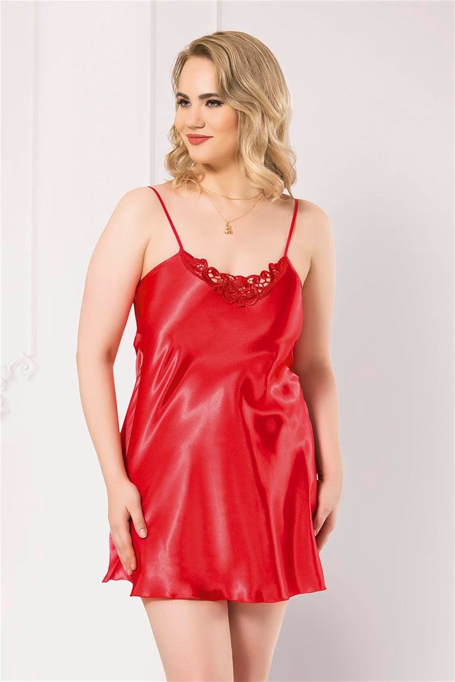 Aria's Closet Büyük Beden Kırmızı Kısa Saten Gecelik