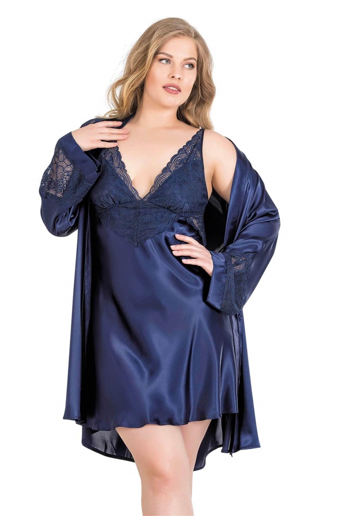 Aria's Closet Büyük Beden Lacivert Kısa İkili Saten Sabahlık Gecelik Takımı