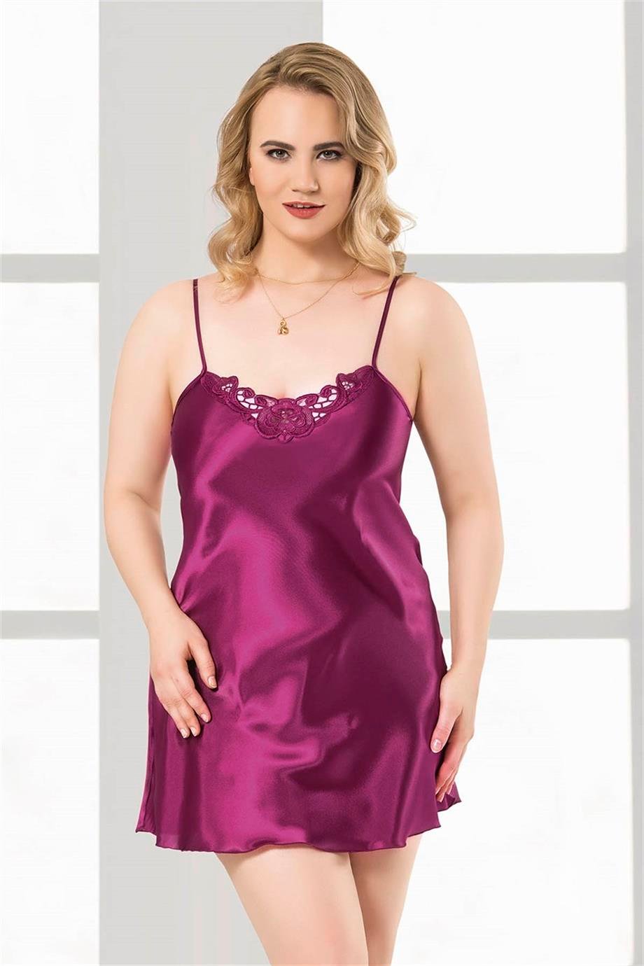 Aria's Closet Büyük Beden Mor Kısa Saten Gecelik