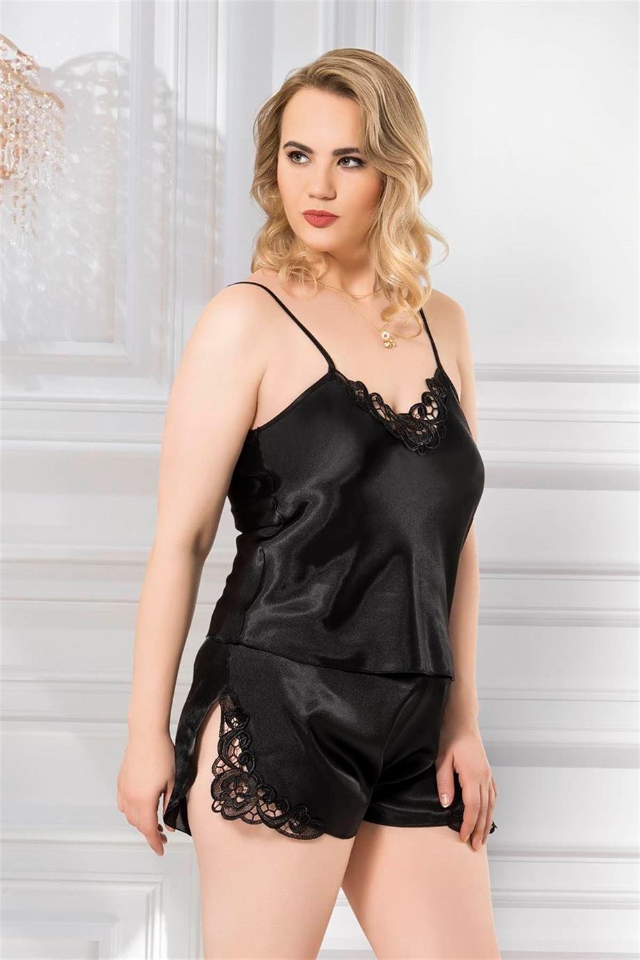 Aria's Closet Büyük Beden Siyah Saten Babydoll Şort Takımı