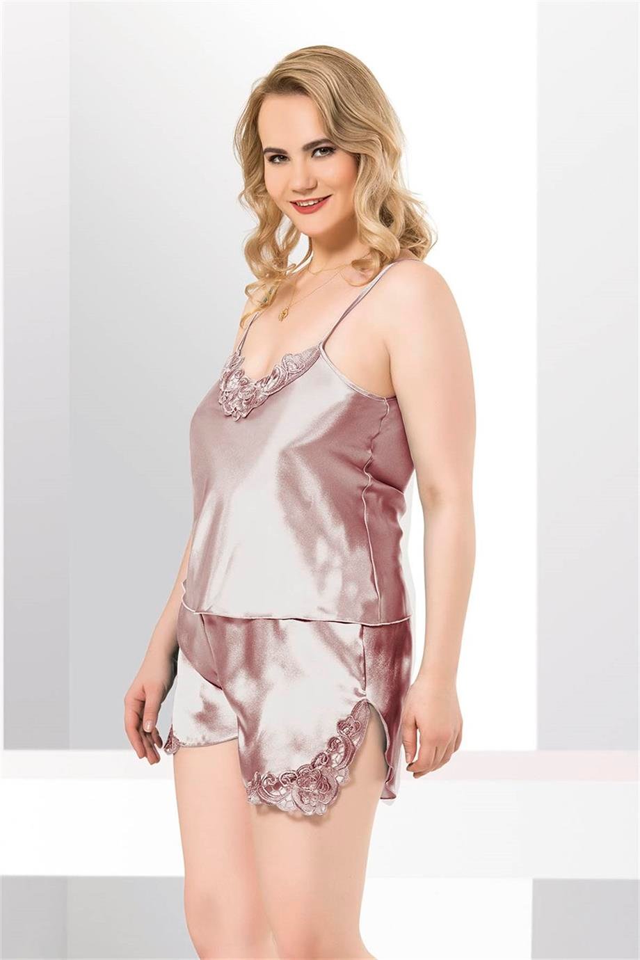 Aria's Closet Büyük Beden Vizon Saten Babydoll Şort Takımı