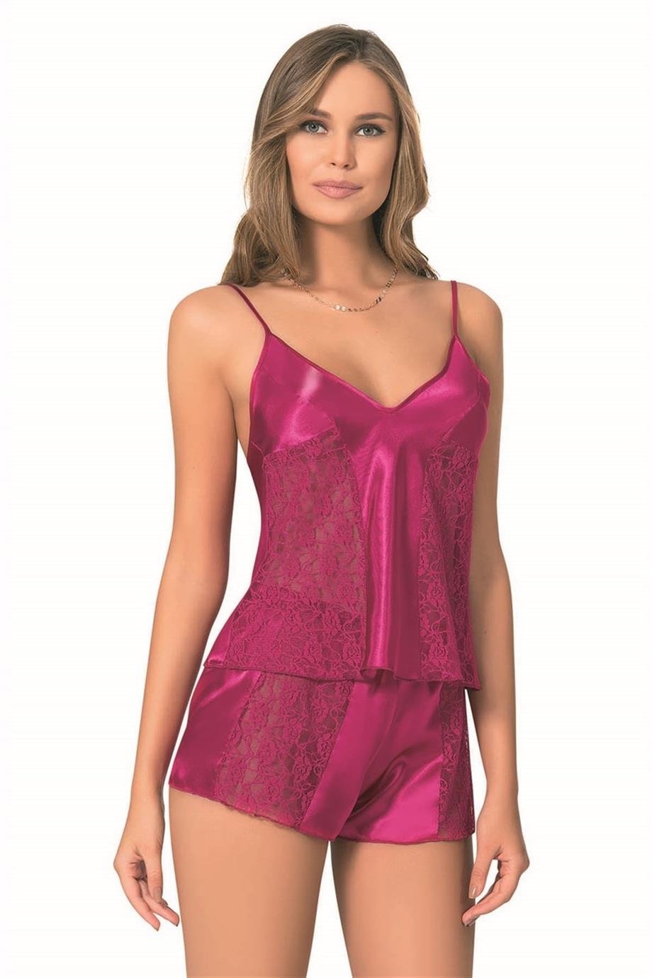 Aria's Closet Vişne Saten Babydoll Şort Takımı
