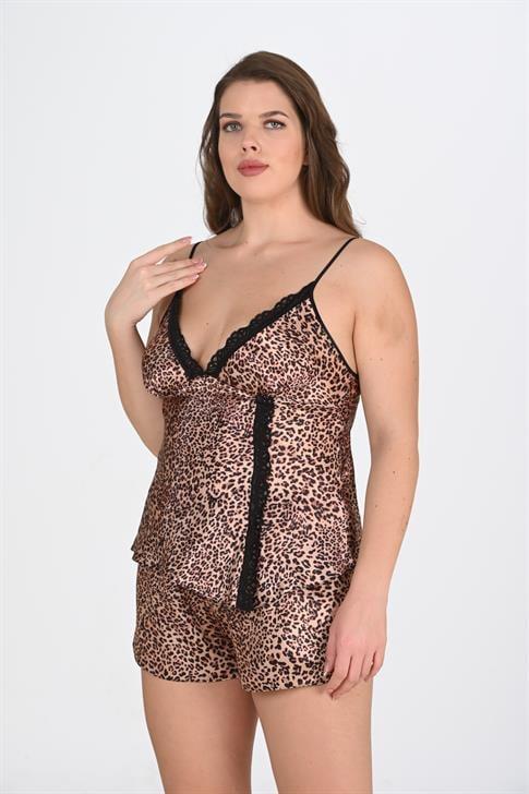 Primoda Büyük Beden Leopar Desenli Şort Takımı 1074