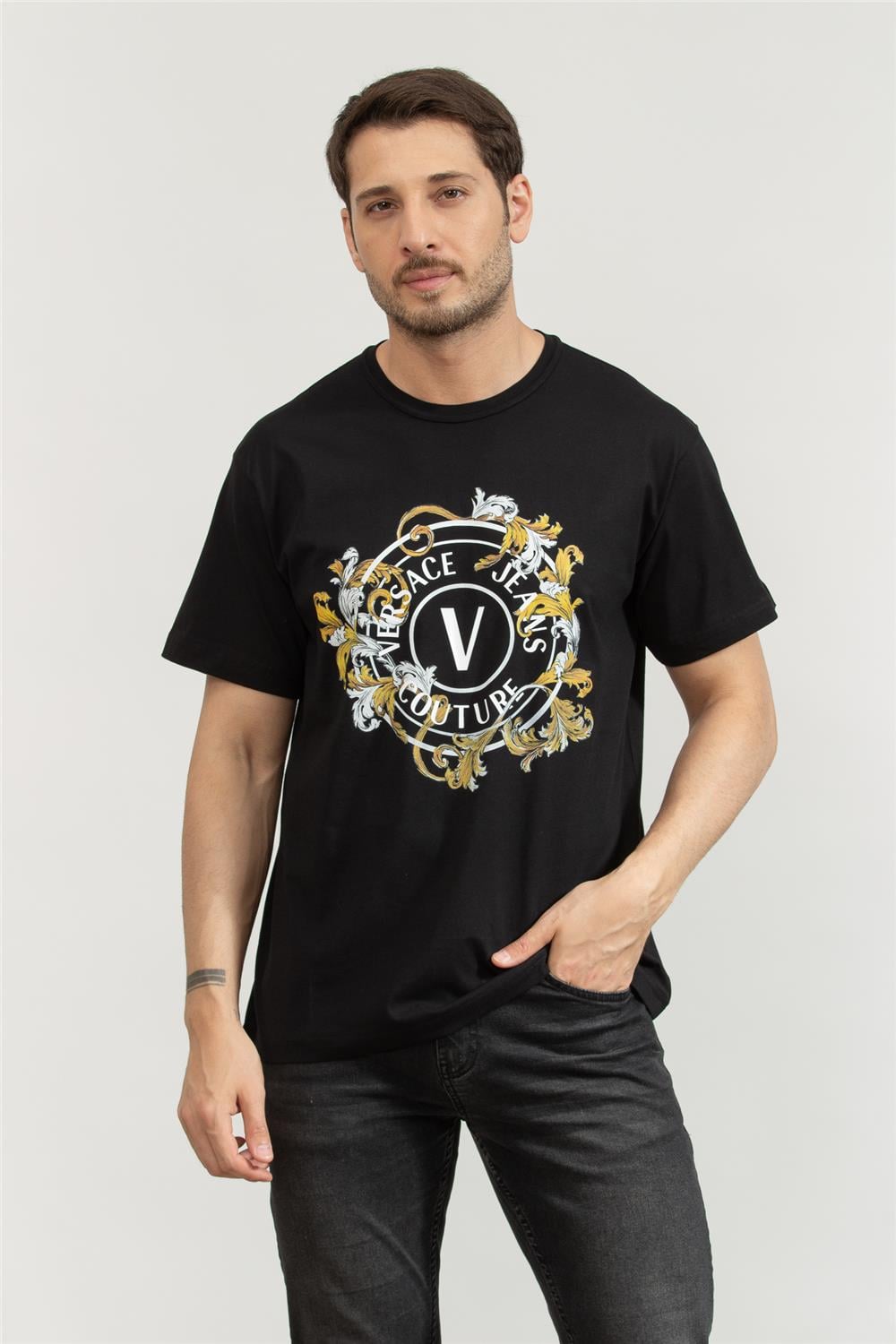 Versace Jeans Couture Erkek Bisiklet Yaka T-Shirt Siyah