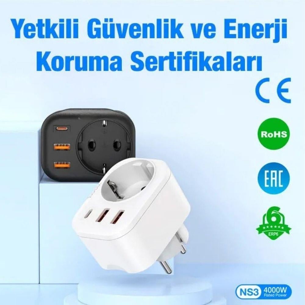 1 Priz 2 USB Çıkışlı Akıllı Priz - Şarj ve Elektrik Girişi Bir Arada, Kompakt Tasarım