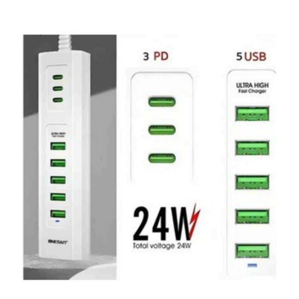 3 Type-C + 5 USB Girişli 24W Hızlı Şarj Cihazı Çoklu Soket Akım Korumalı Adaptör