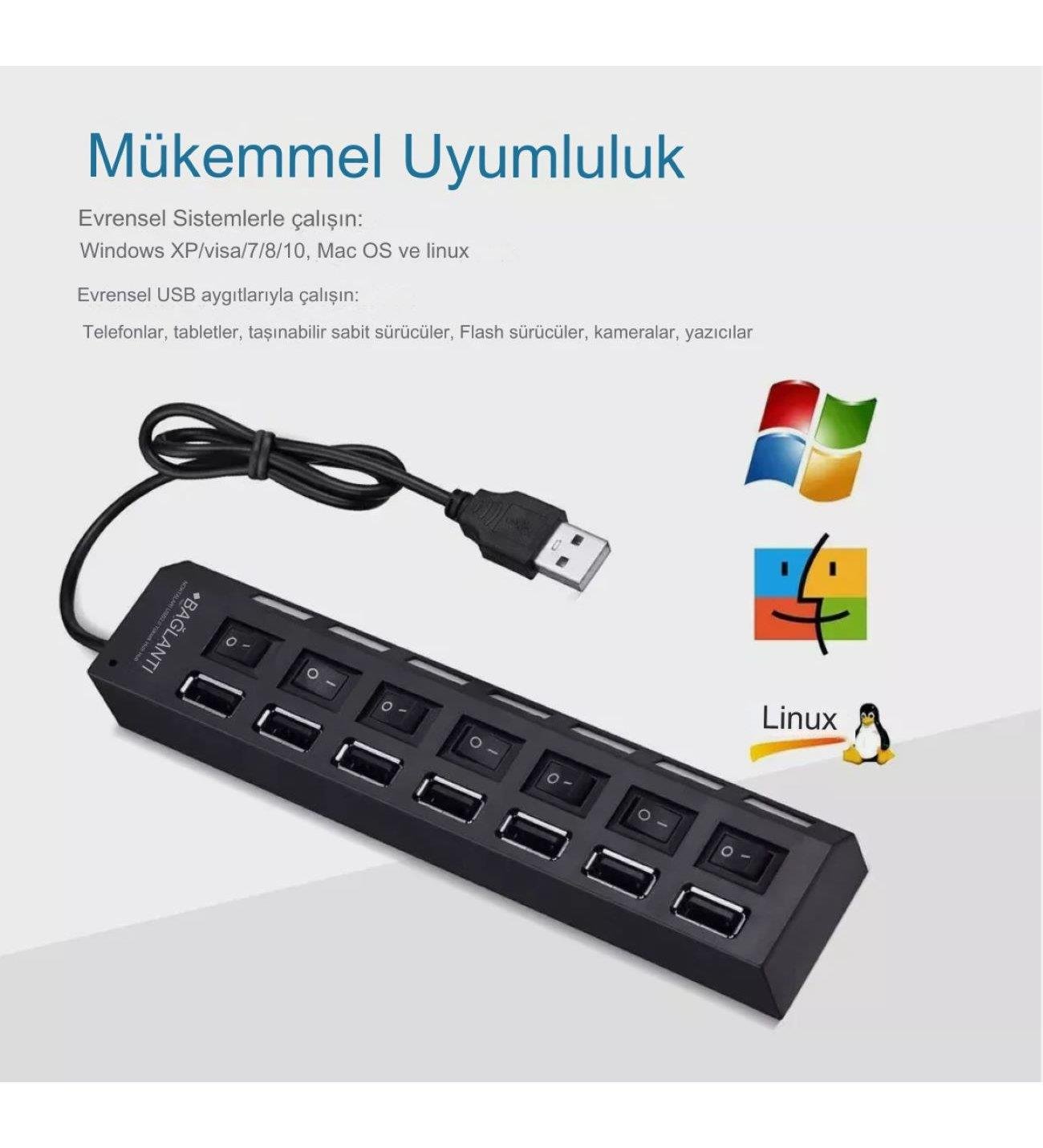 7 Port USB 3.0 Hub Çoklayıcı Çoğaltıcı On/off Anahtarlı