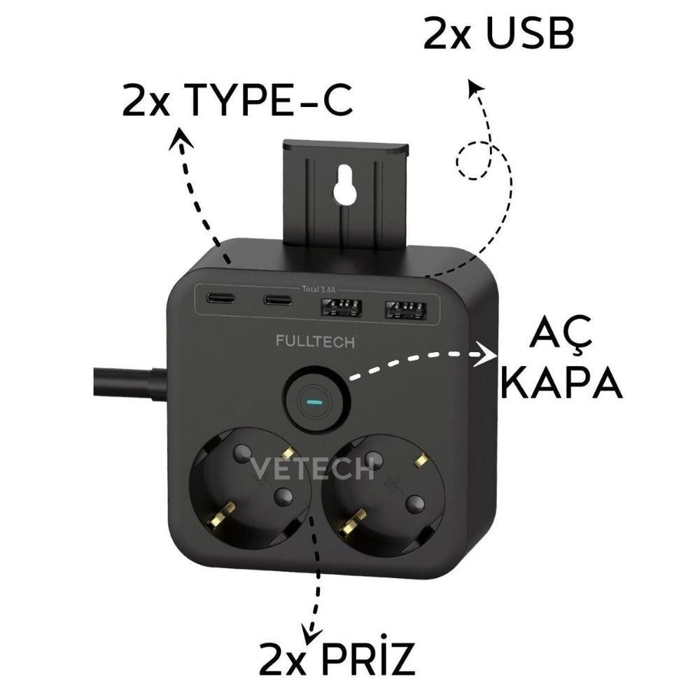 Korumalı 2li Priz, 2 USB Girişli  Type-C Girişli 1.4 Uzatmalı Grup Akım Korumalı Dayanıklı Priz